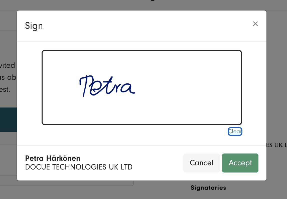 Screenshot 6: Draw your signature in the box. Clear if necessary. When you are satisfied, sign the document with the Accept button.