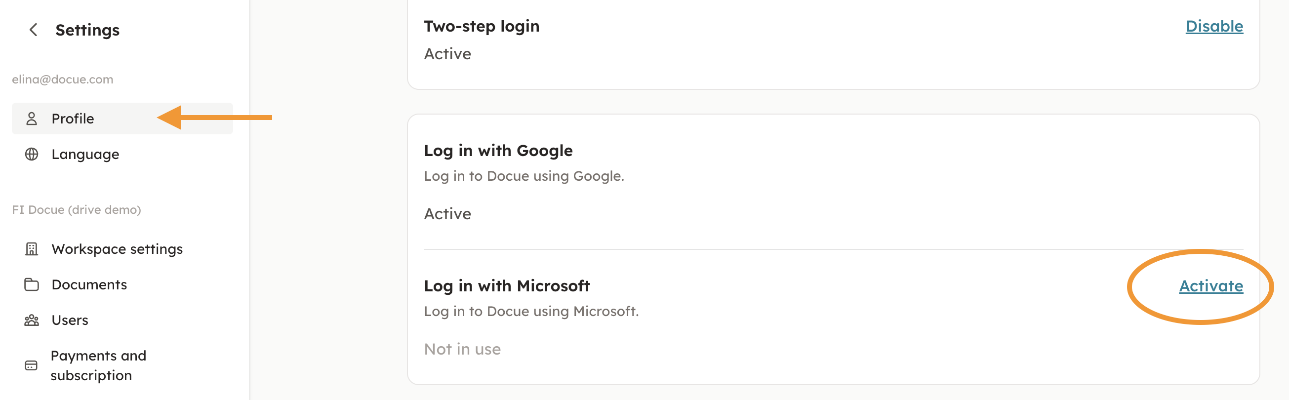 Screenshot 1: In your account settings, under "Profile" you can find options for enabling Google and Microsoft IDs: