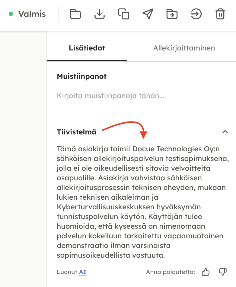 Kuvakaappaus 2: Kun haluat luoda tiivistelmän valmiista asiakirjasta, avaa haluamasi asiakirja, valitse Lisätiedot ja Tiivistelmä-kohdasta alaspäin oleva nu