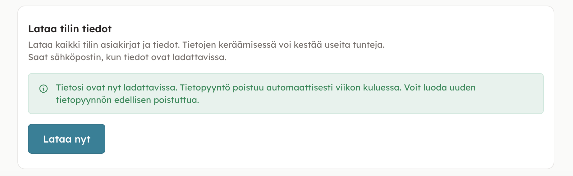Kuvakaappaus 5: Lataa tilin tiedot kerralla tietokoneellesi.
