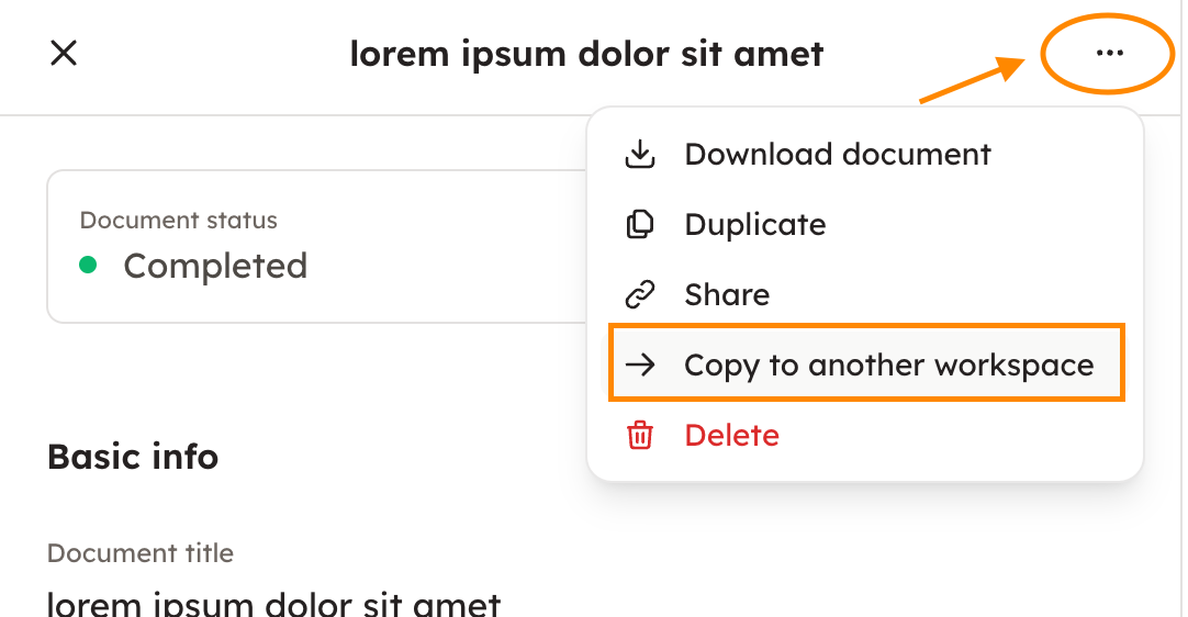 Screenshot 1: If you have access to multiple workspaces, you can copy completed documents from one workspace to another. First go to "All documents", and 