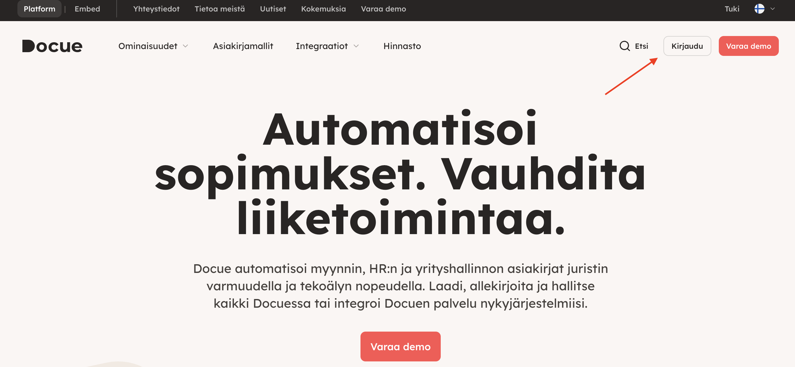 Kuvakaappaus 1: Jos et muista salasanaasi, valitse ensin Kirjaudu Docuen etusivulta.