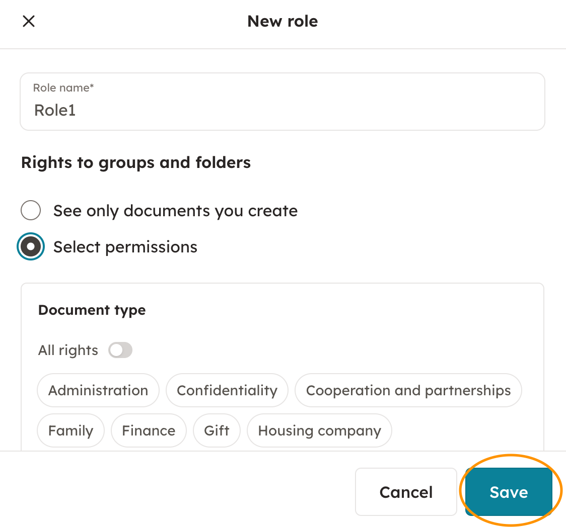 Screenshot 3: 2. Name the role as you wish and choose which folders or/and folder groups you want the role to be able to see and manage. In this view you 