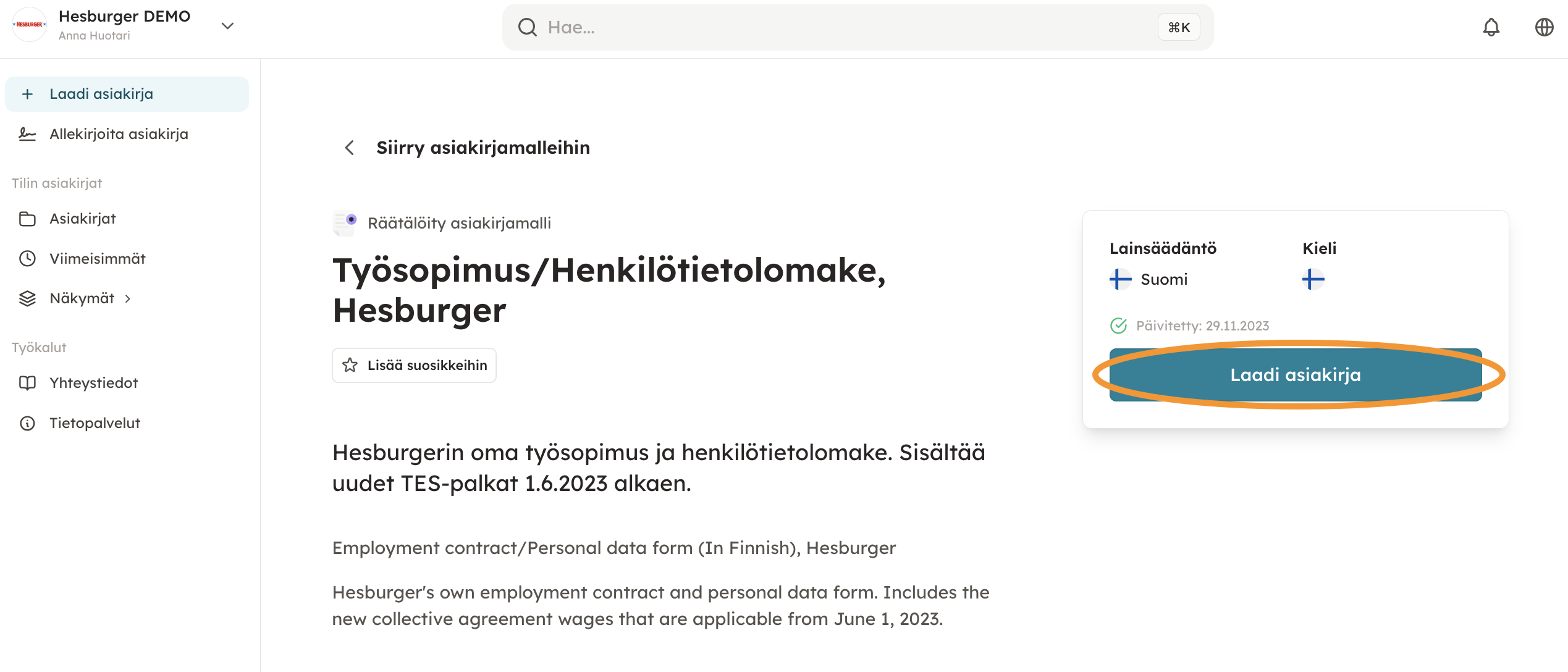 Kuvakaappaus 2: 2. Valittuasi haluamasi asiakirjamallin, valitse kohta "Laadi asiakirja".