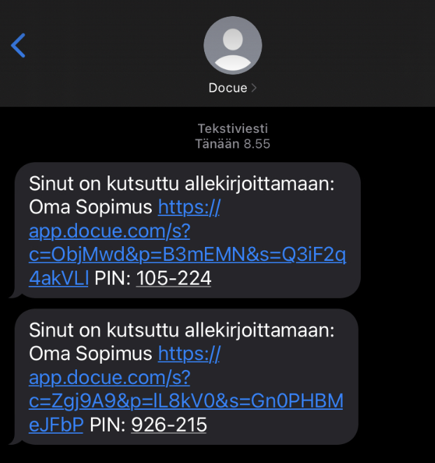 Kuvakaappaus 1: Esimerkki testiviesteihin tulleesta kutsusta. Kopioi PIN-koodi ja klikkaa linkkiä.