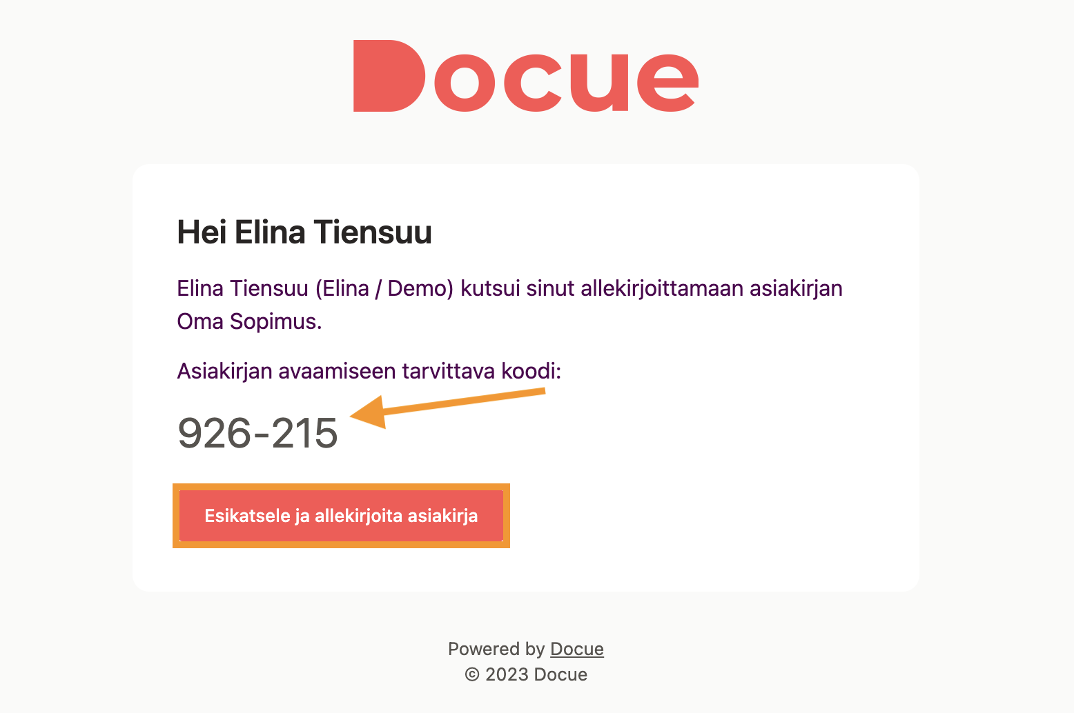 Kuvakaappaus 2: Esimerkki sähköpostiin tulleesta kutsusta. Kopioi nuolen osoittama koodi ja klikkaa "Esikatsele ja allekirjoita asiakirja".
