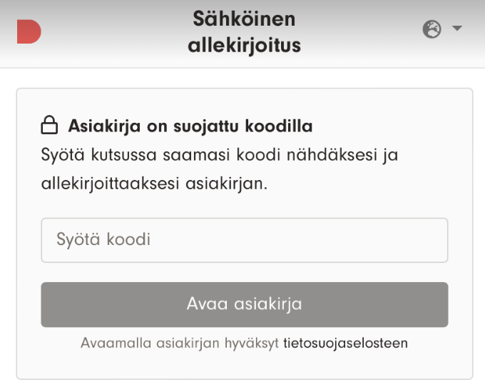 Kuvakaappaus 3: Syötä PIN-koodi ja jatka klikkaamalla "Avaa asiakirja".