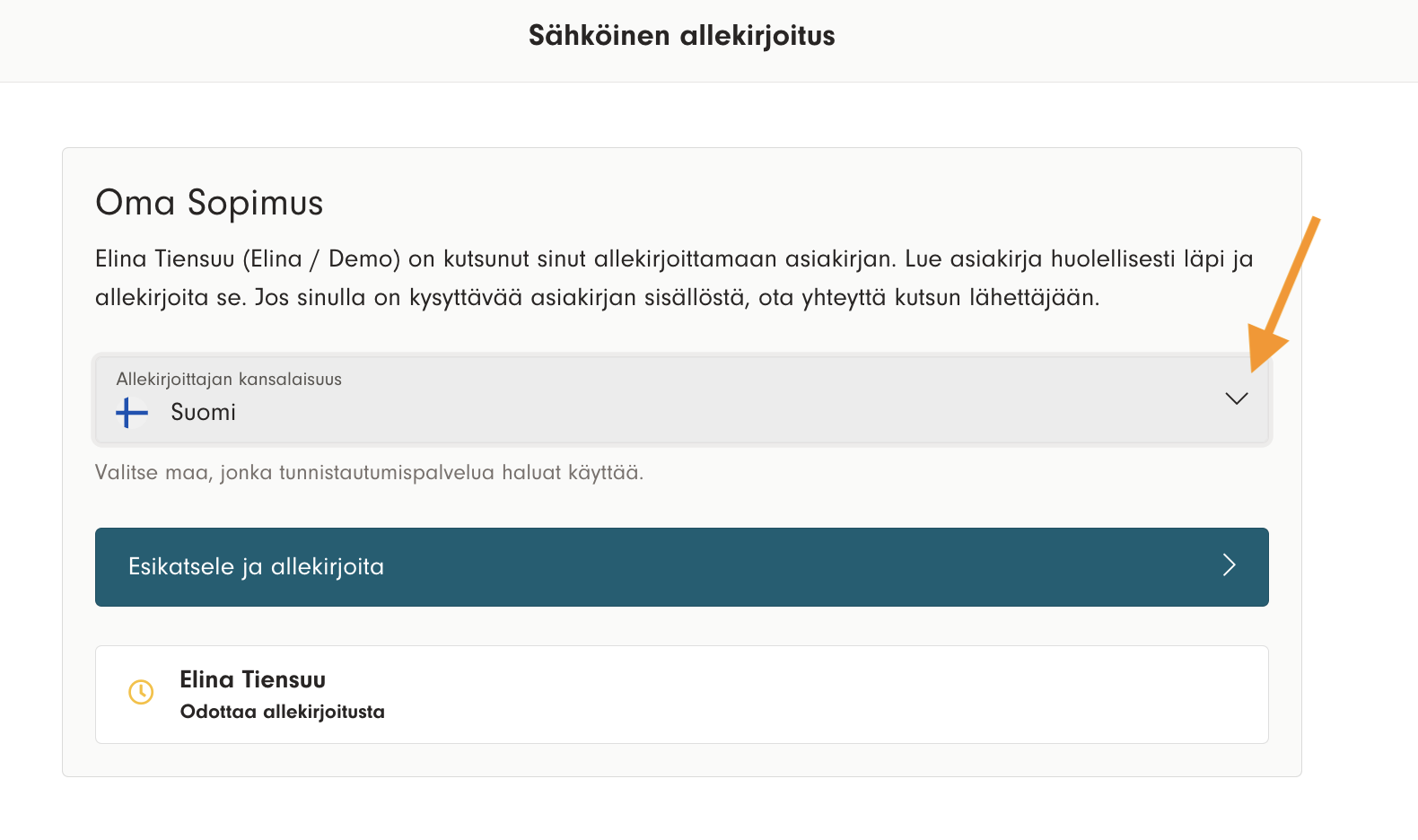 Kuvakaappaus 4: Valitse "Esikatsele ja allekirjoita", niin pääset tarkastelemaan asiakirjaa ja allekirjoittamaan sen.