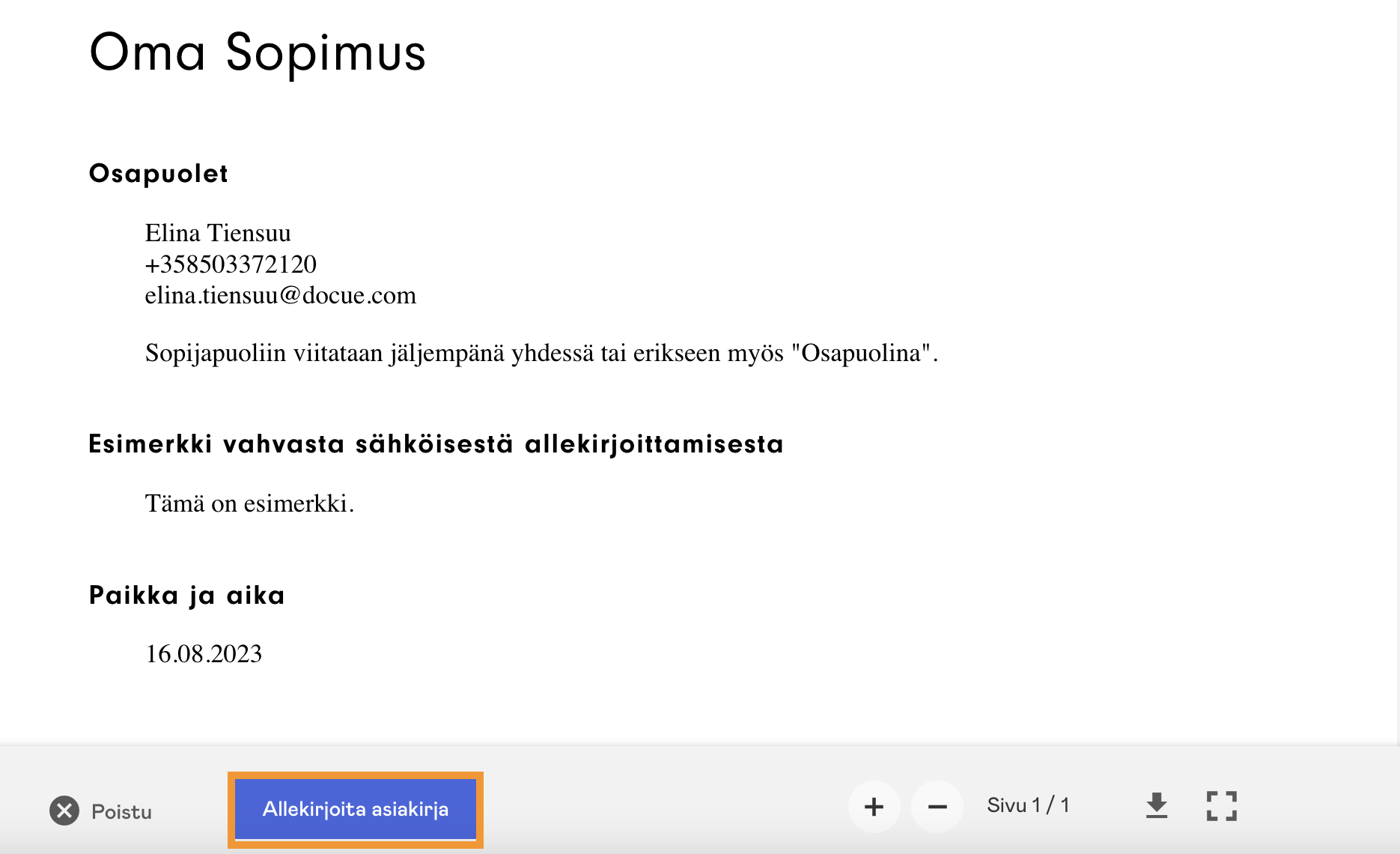 Kuvakaappaus 5: Tarkasta asiakirja ja valitse "Allekirjoita asiakirja" jatkaaksesi tunnistautumiseen.