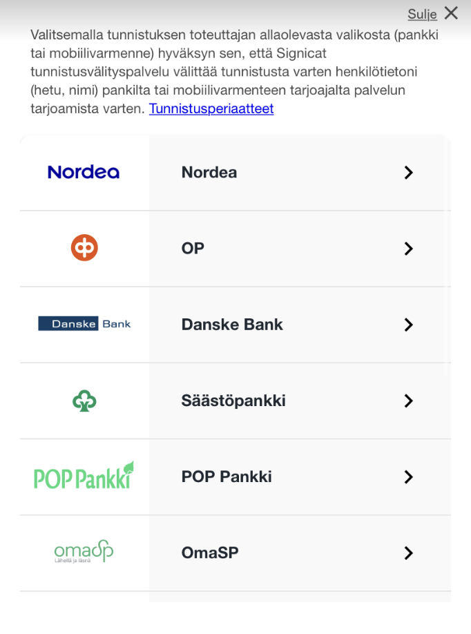 Kuvakaappaus 6: Valitse pankki listasta. Saat näkyviin lisää vaihtoehtoja skrollaamalla listaa alaspäin.