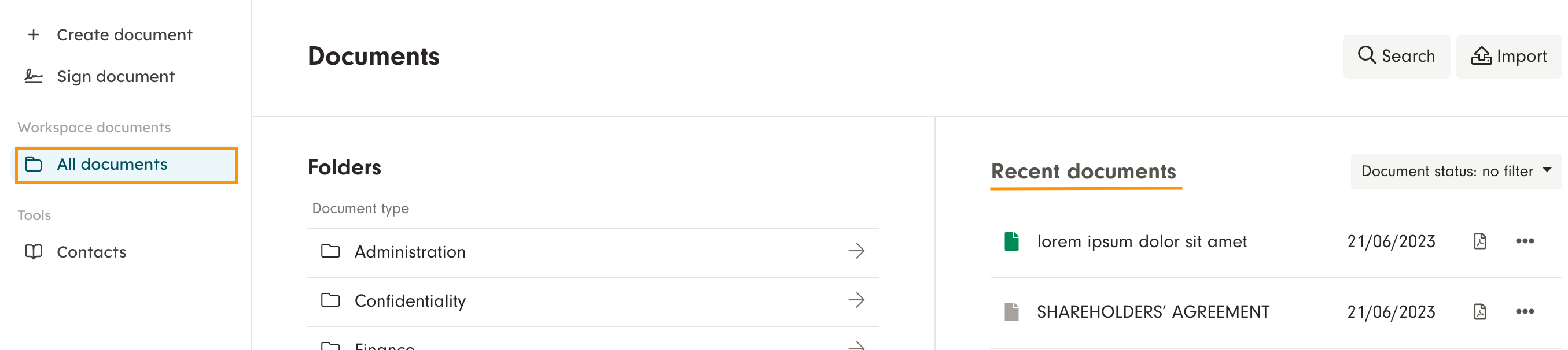 Screenshot 3: All workspaces have their separate "All documents" archives. Please note that if you want to continue editing a unfinalised document you hav