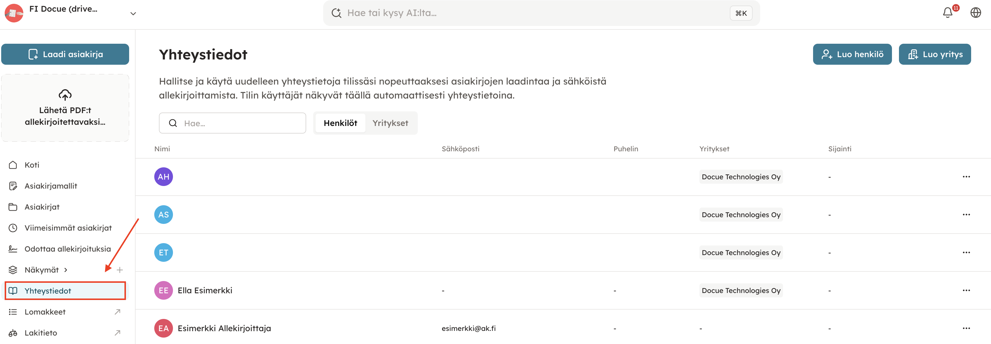 Kuvakaappaus 1: Yhteystiedot ovat tilin käyttäjien laatima ja tallentama luettelo henkilöistä ja yrityksistä, ikään kuin osapuolirekisteri. Pääset tarkastel