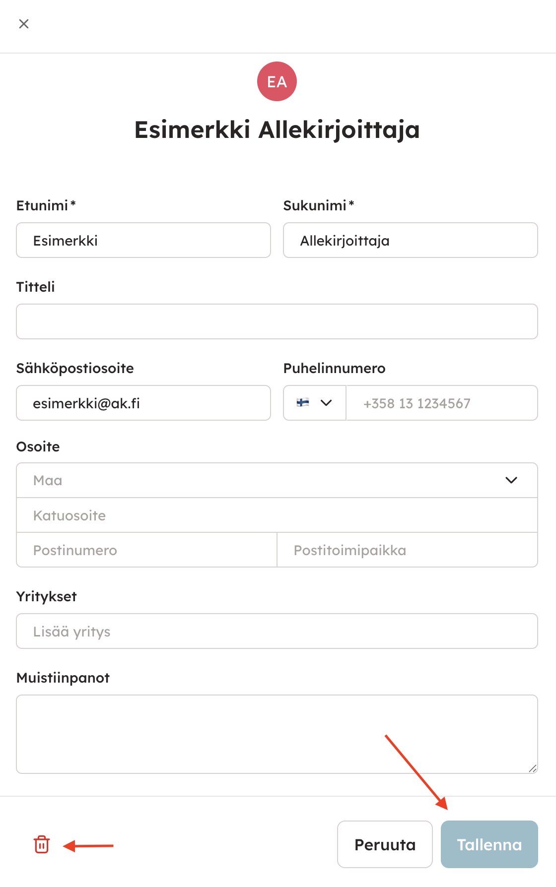 Kuvakaappaus 3: Yhteystiedot Docue-tilillä