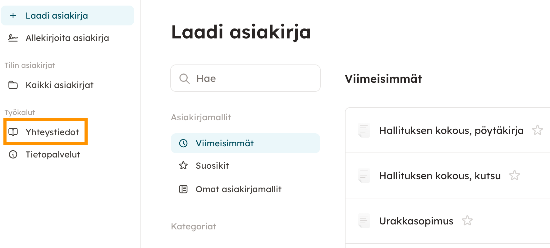 Kuvakaappaus 1: Avautuvassa näkymässä näet kaikki tallentamasi yhteystiedot. Voit tallentaa sekä henkilöiden että yritysten yhteystietoja. Yhteystietojen ta