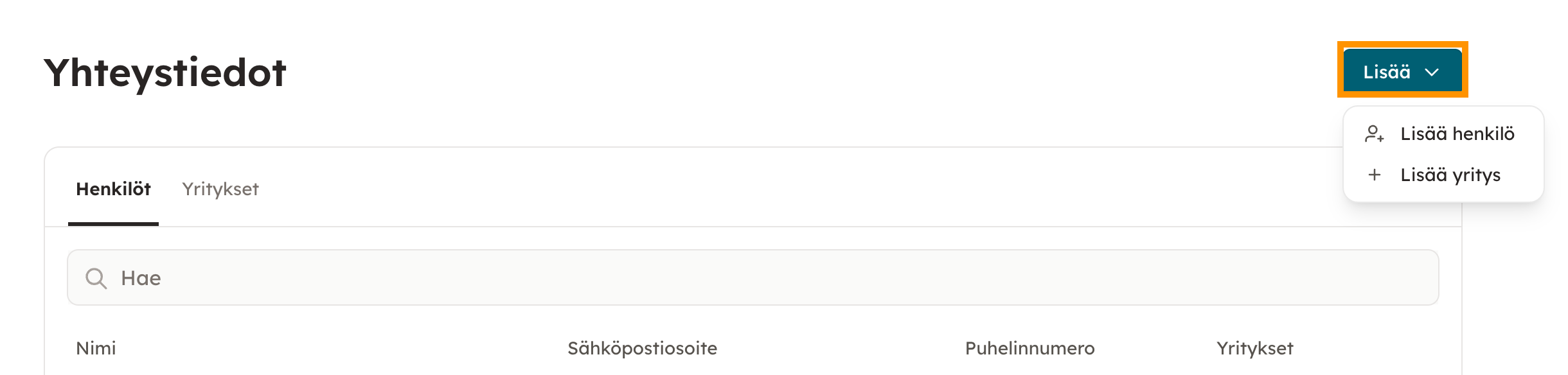 Kuvakaappaus 2: Lisää uusi henkilö tai yritys yhteystietolistaasi oikean yläkulman Lisää-valikon kautta.