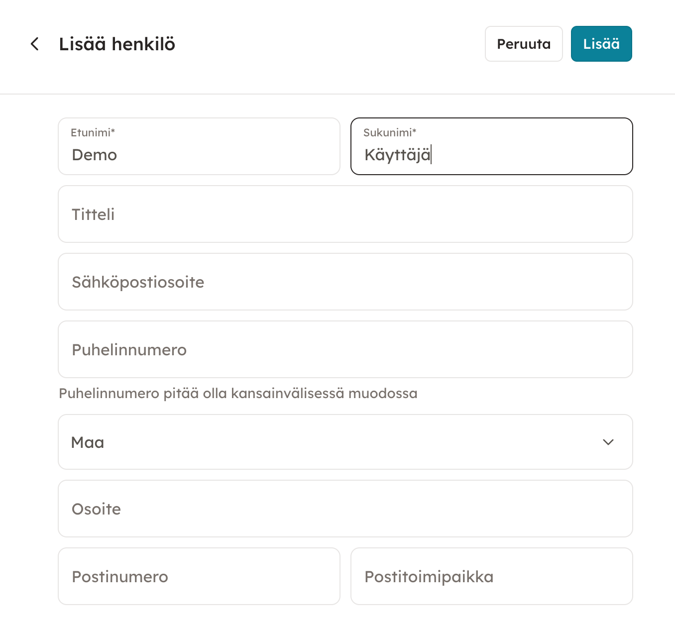 Kuvakaappaus 3: Lisää henkilö tai yritys täyttämällä vaaditut tiedot ja klikkaa sen jälkeen oikean ylänurkan "lisää"-nappia.