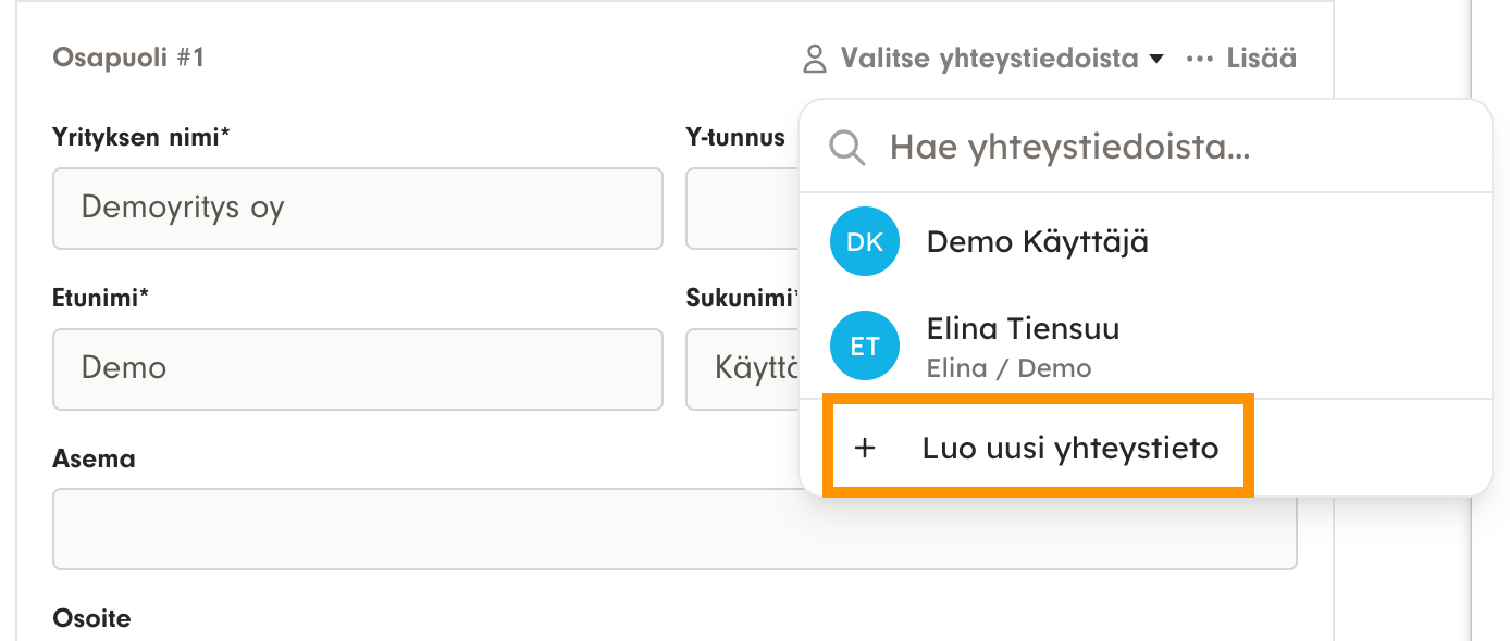 Kuvakaappaus 4: Yhteystietoja voi lisätä myös asiakirjojen laatimisen tai allekirjoituttamisen yhteydessä. Kun pääset näkymään, jossa tallennetaan osapuolte
