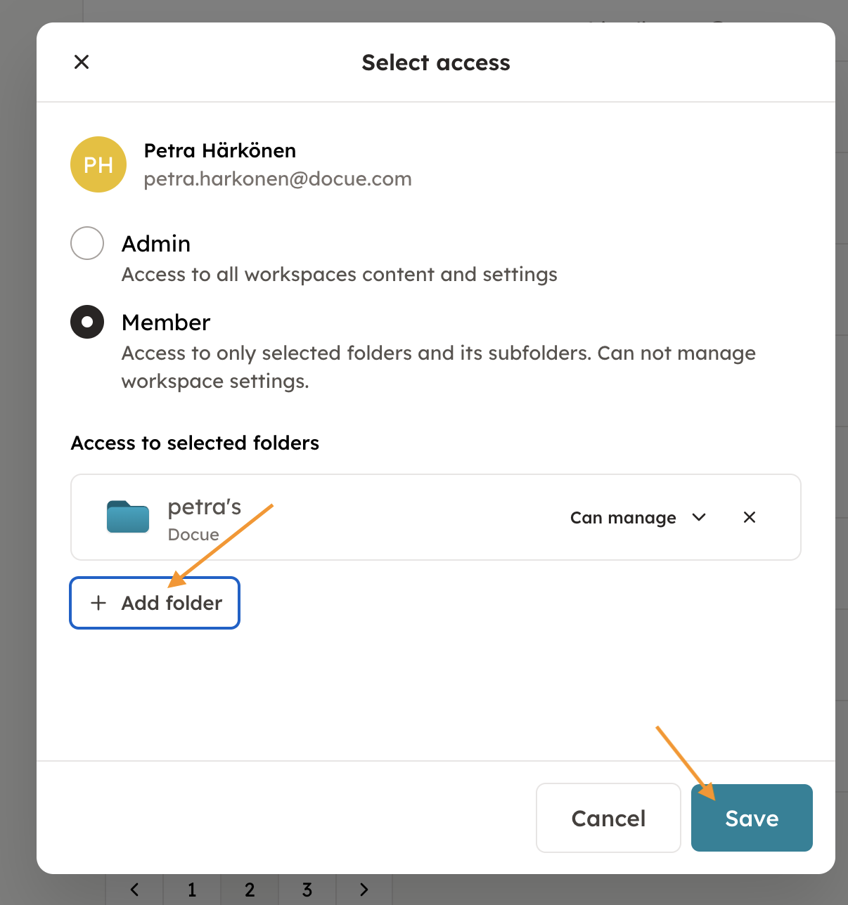 The Select access dialog showing the Member role, selected folders, and Save button.
