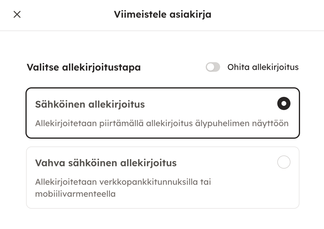 Kuvakaappaus 2: Valitse haluamasi allekirjoitustapa