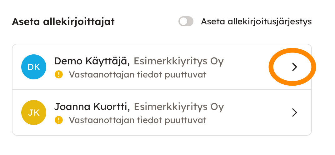 Kuvakaappaus 3: Allekirjoittajien yhteystiedot voit tarvittaessa täydentää klikkaamalla nuolen kohdalta. Samasta näkymästä saat myös halutessasi lisättyä he