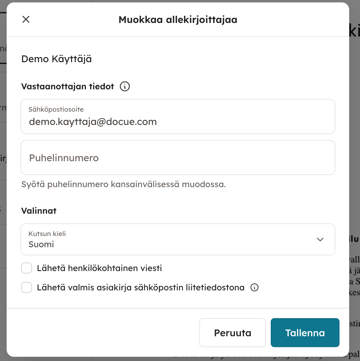 Kuvakaappaus 4: Allekirjoittajien yhteystiedot voit tarvittaessa täydentää klikkaamalla nuolen kohdalta. Samasta näkymästä saat myös halutessasi lisättyä he