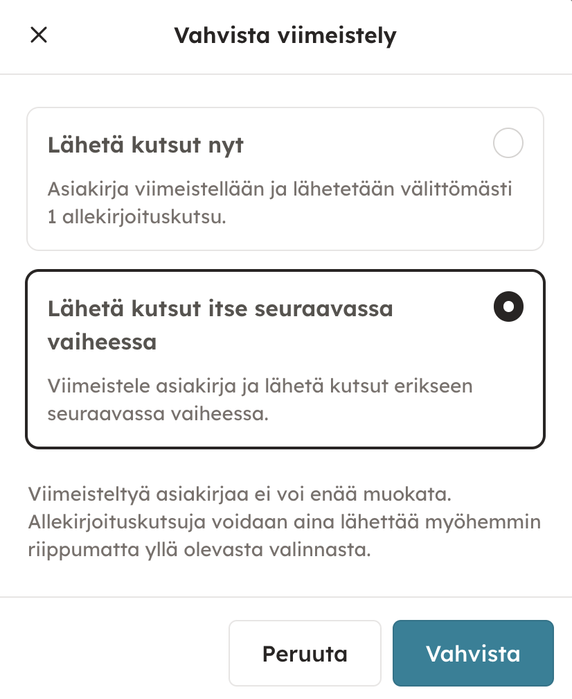 Kuvakaappaus 8: HUOM! Mikäli haluat lähettää kutsut itse manuaalisesti myöhemmin, voit valita toiminnon "Lähetä kutsut itse seuraavassa vaiheessa".