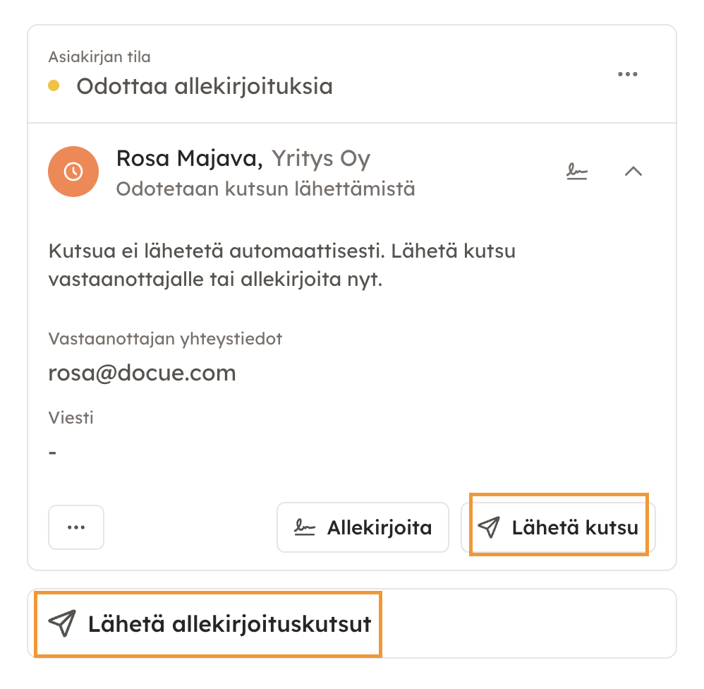 Kuvakaappaus 9: Voit lähettää kutsut yksitellen "Lähetä kutsu" -toimintoa hyödyntäen tai kaikille allekirjoittajille samanaikaisesti "Lähetä allekirjoitusku