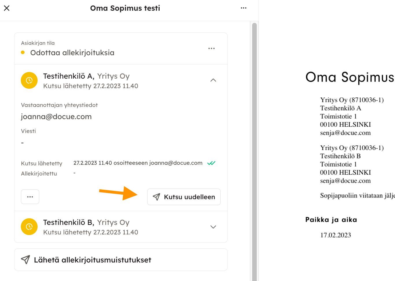 Kuvakaappaus 1: Mikäli olet jo ehtinyt lähettää asiakirjan allekirjoitettavaksi, mutta sinun tarvitsee muokata allekirjoituskutsun yhteystietoja esimerkiksi