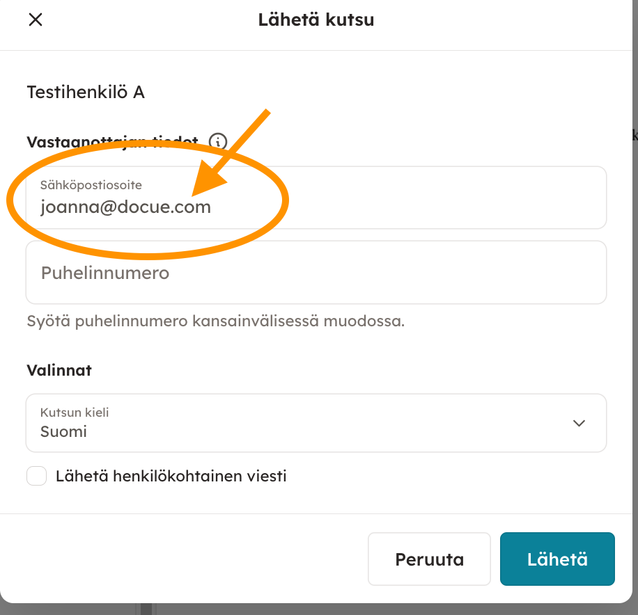 Kuvakaappaus 2: Kun olet painanut "kutsu uudelleen" nappia, saat näkyville valikon, jossa pääset muokkaamaan osapuolen sähköpostia ja/tai puhelinnumeroa. Tä